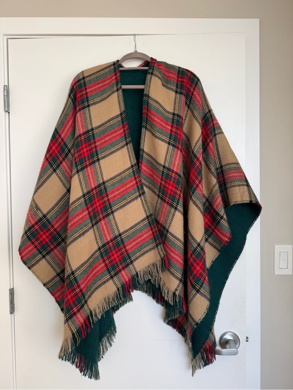 Plaid Fringe Poncho in Tan, Red, Green, Blue and Black.
